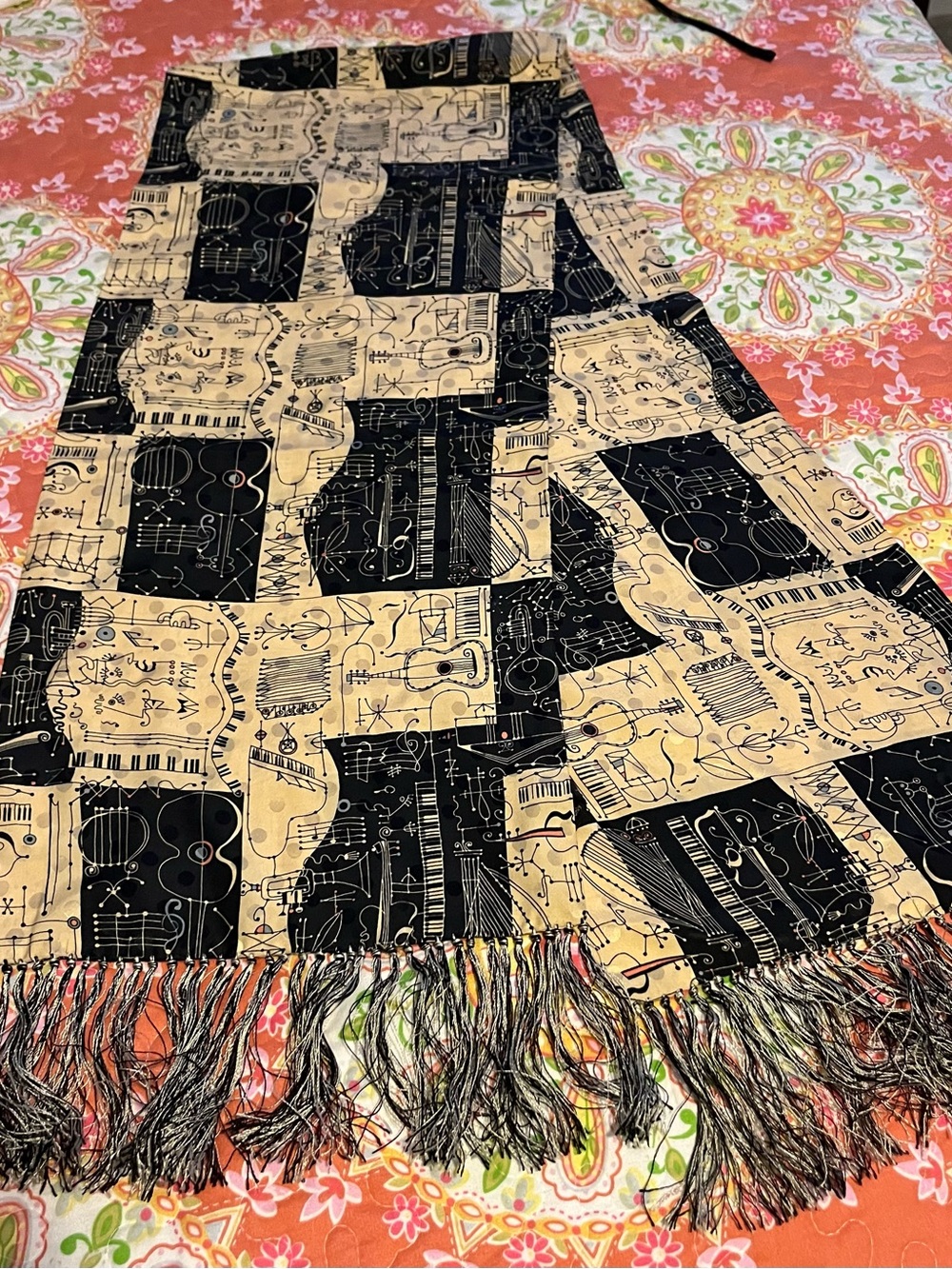 100% Silk Musical Graphic Print Long Fringed Scarf In Black,Tan & Rich Cream